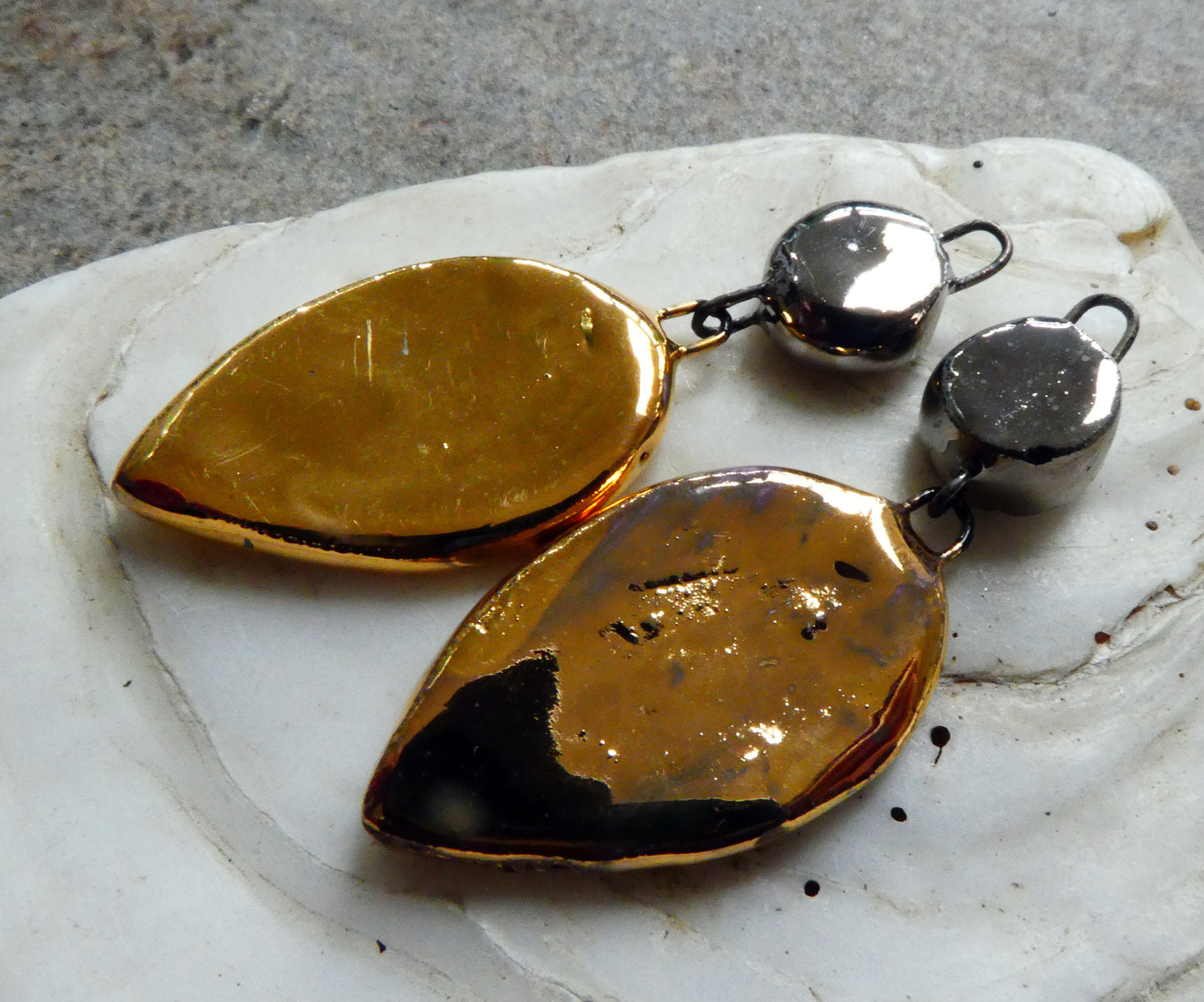 Ceramic Slim Leaf Dangles -Gold and Platinum