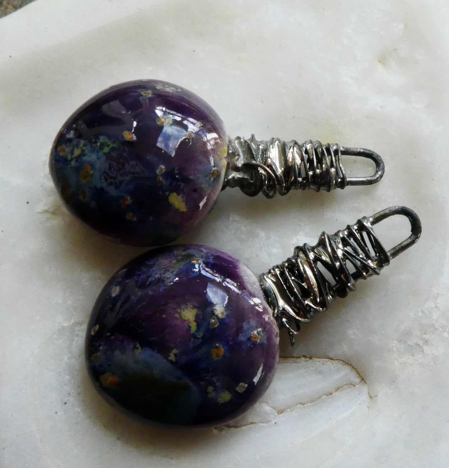 Wire Wrapped Disc Earring Charms -Cosmic Grape