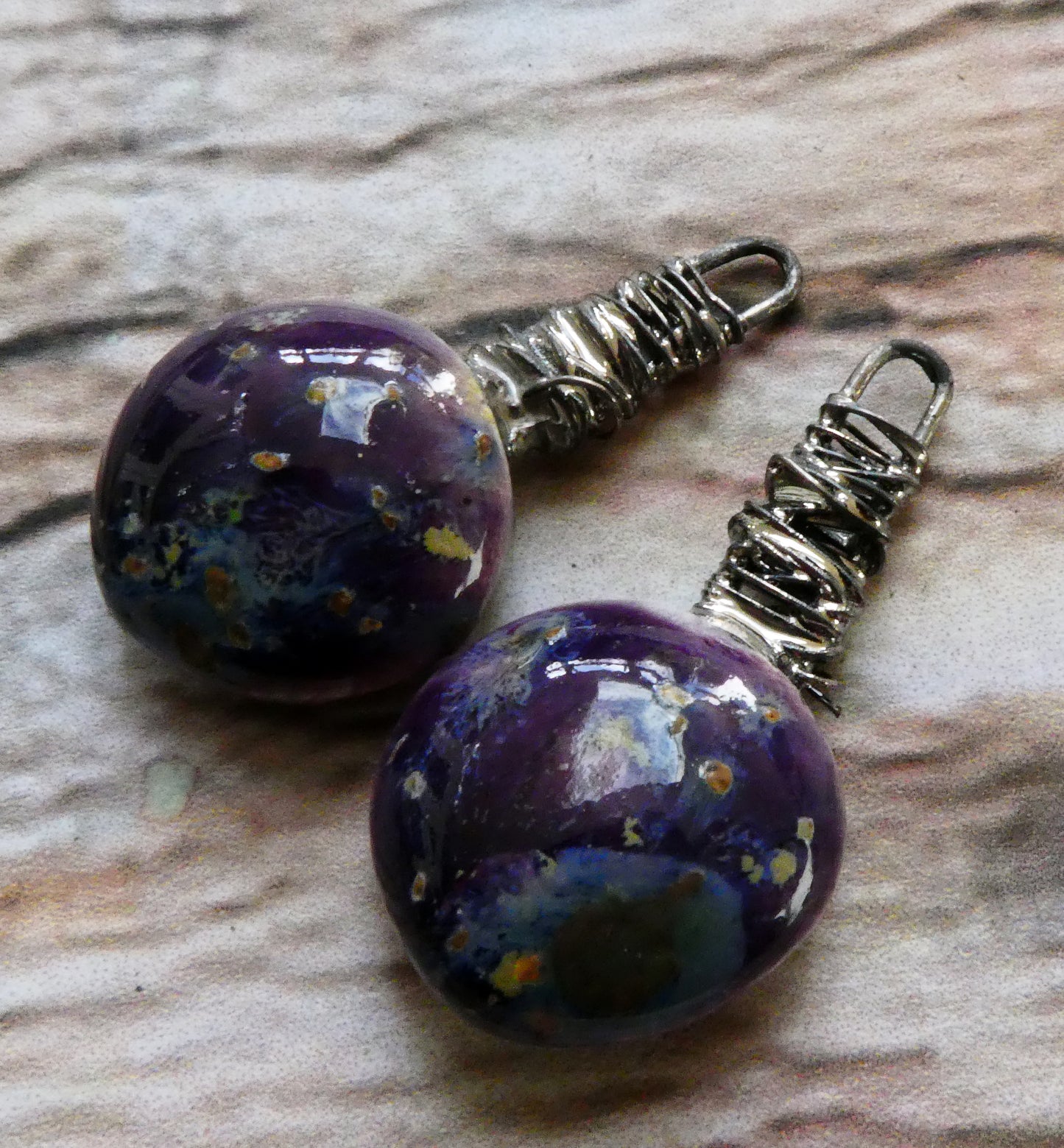 Wire Wrapped Disc Earring Charms -Cosmic Grape