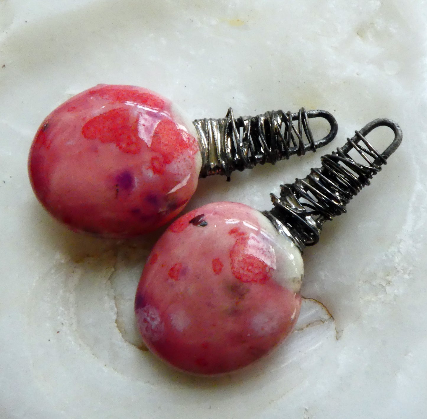 Wire Wrapped Disc Earring Charms -Berry Tart