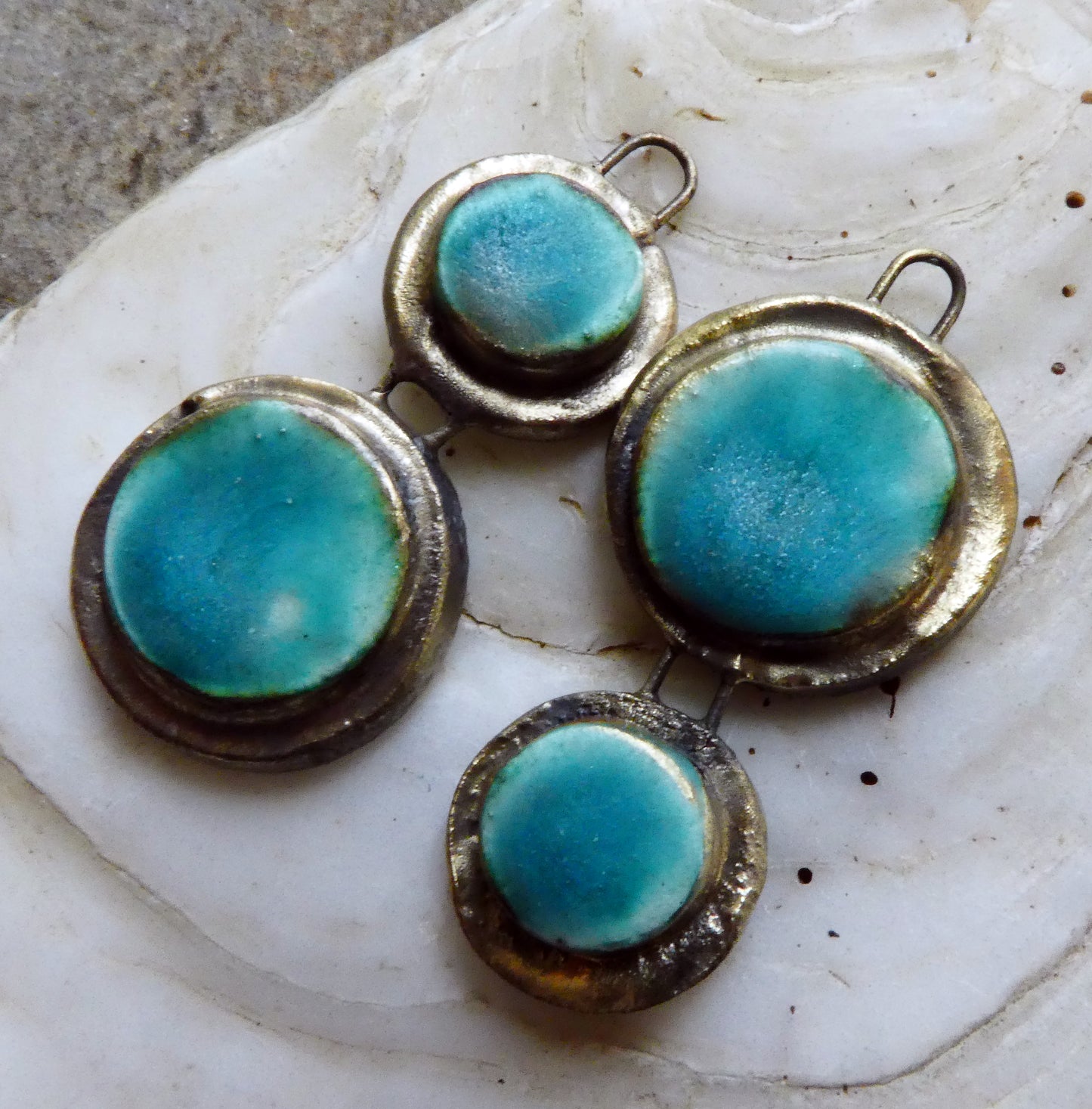 Ceramic Asymmetric Double Moulded Disc Charms -Antique Turquoise