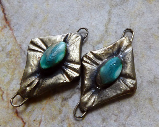 Ceramic Bronzy Diamond Connectors -Antique Turquoise