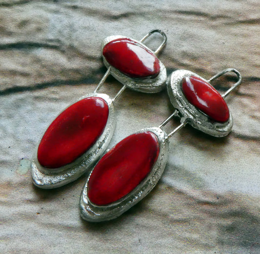 Ceramic Double Oval Earring Charms -Red