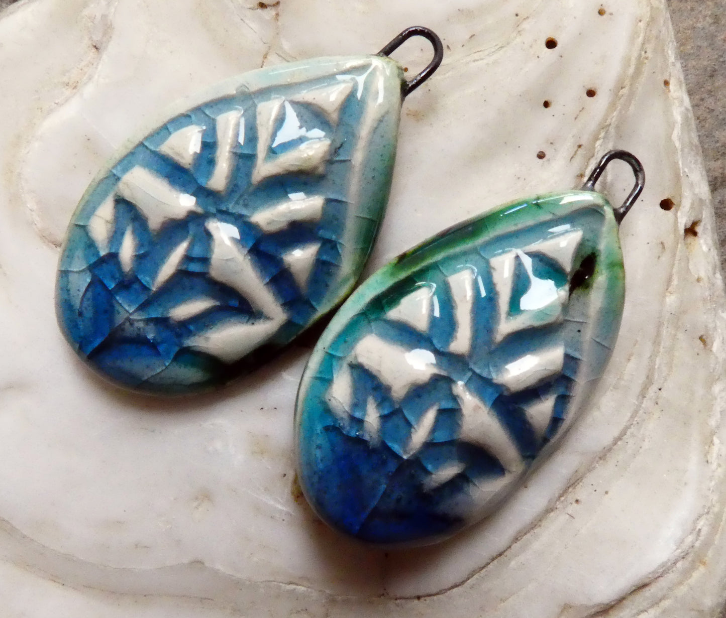 Ceramic Textured Teardrop Charms - Water