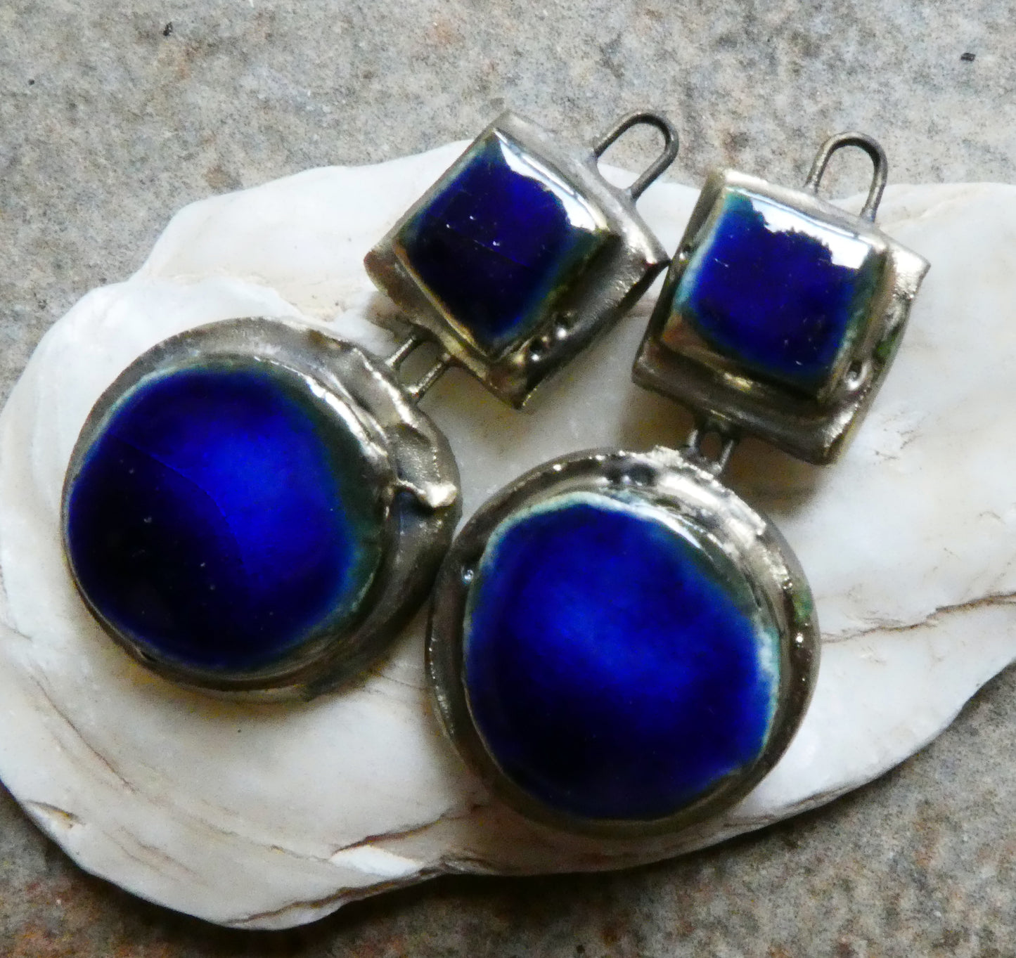 Ceramic Moulded Square and Disc Charms - Mirror Blue