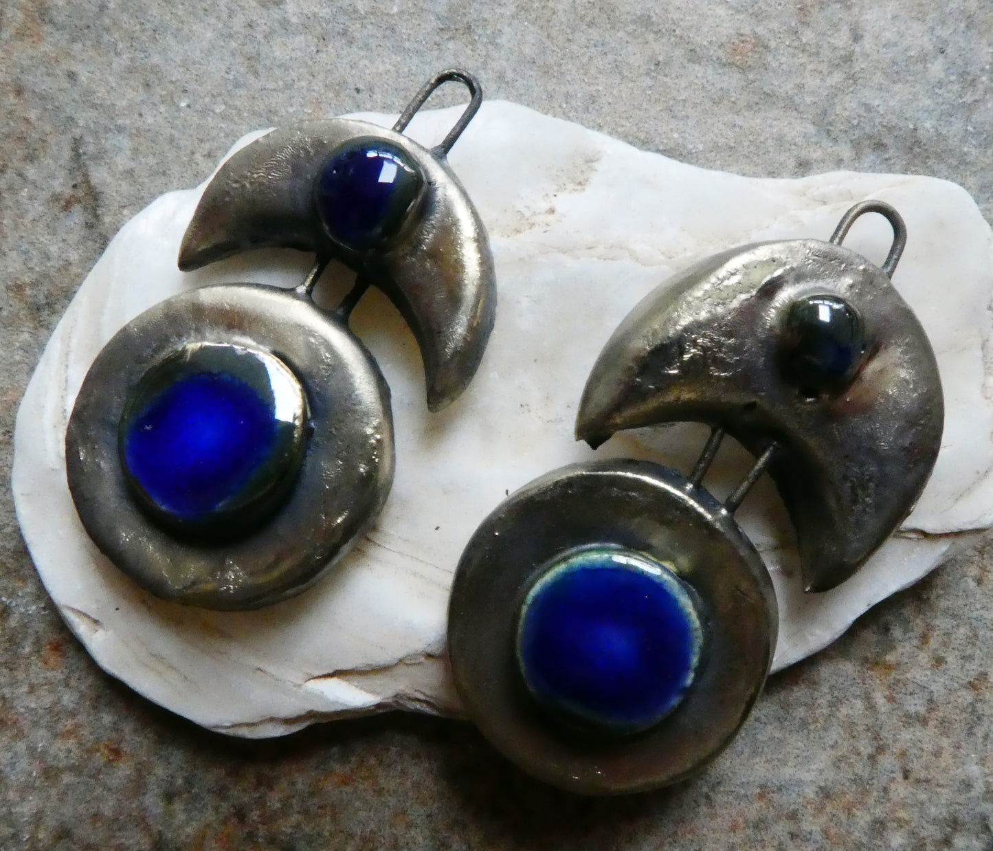 Ceramic Moulded Crescent and Disc Charms - Mirror Blue