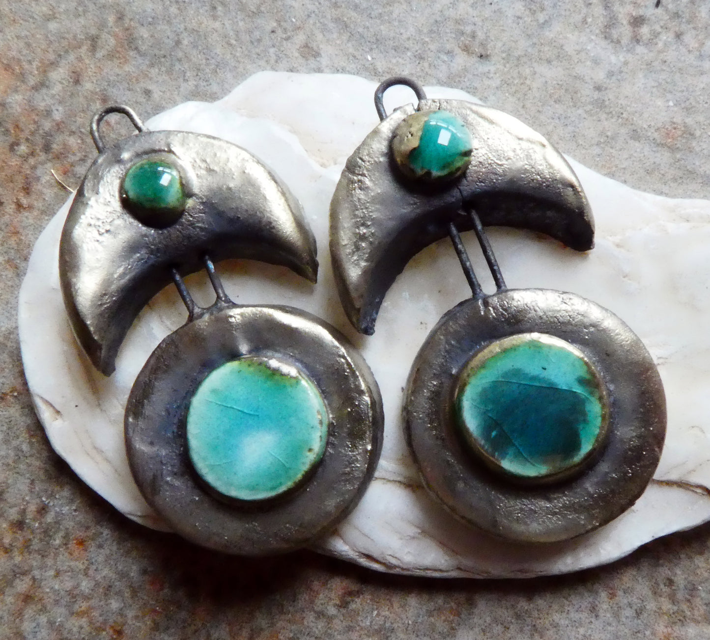 Ceramic Moulded Crescent and Disc Charms - Antique Turquoise