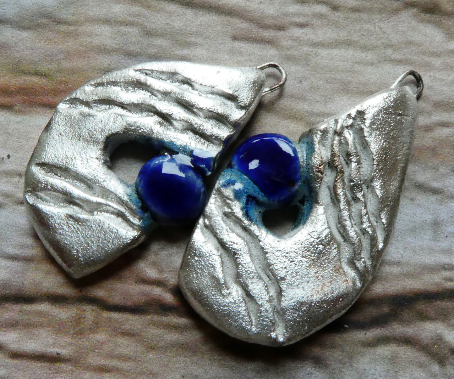 Ceramic Maori Style Fishhook and Pearl Charms - Mirror Blue