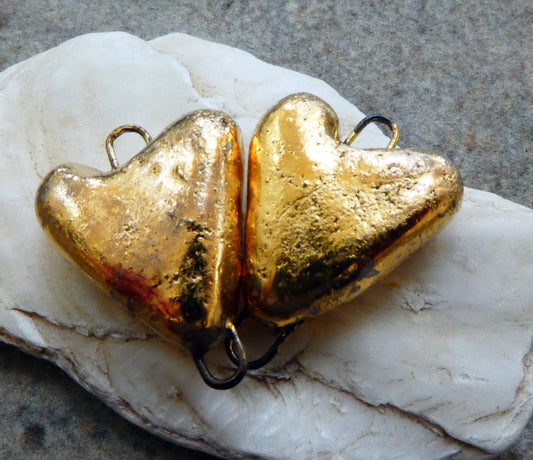 Ceramic Little Heart Connectors -Gold Lustre