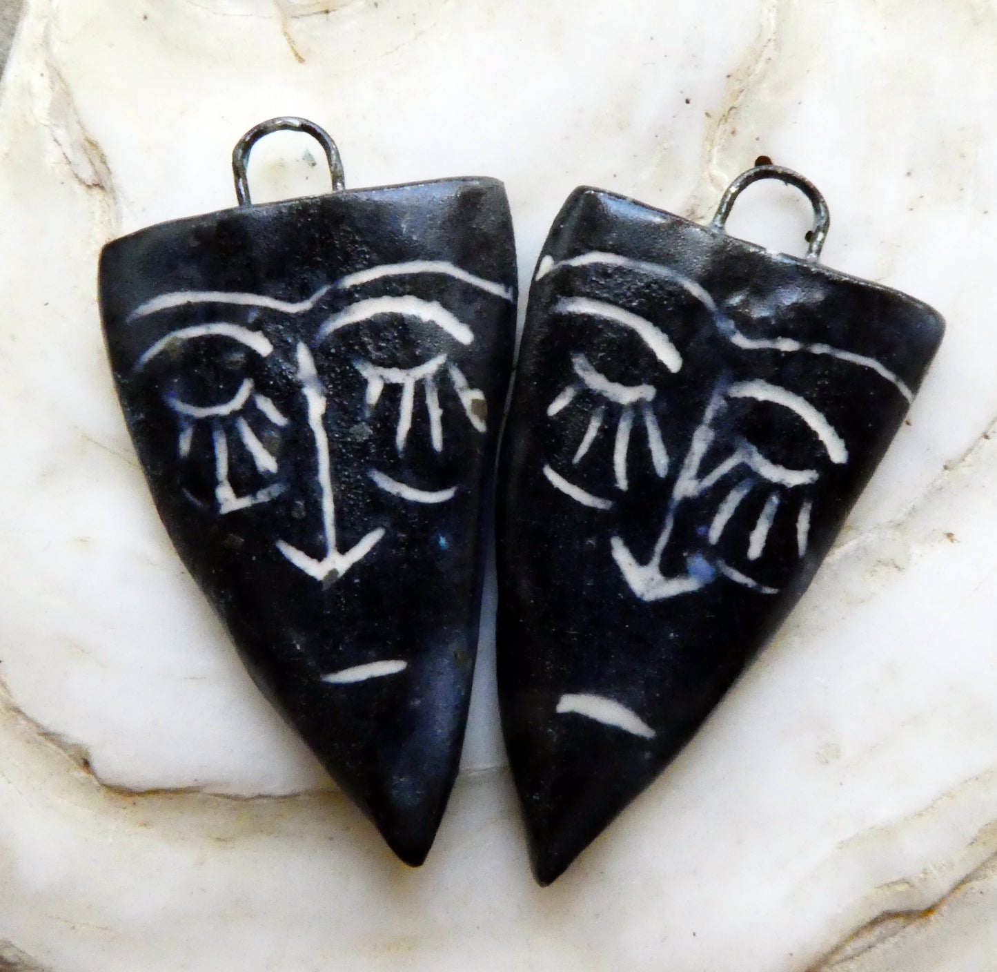 Ceramic Sgraffito Tribal Mask Matte Earring Charms #1
