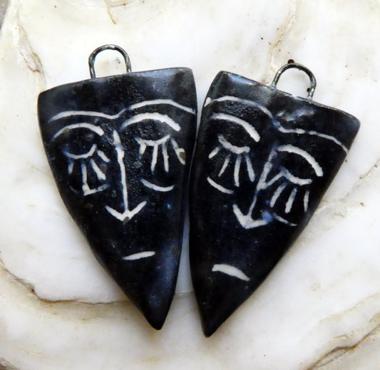 Ceramic Sgraffito Tribal Mask Matte Earring Charms #1