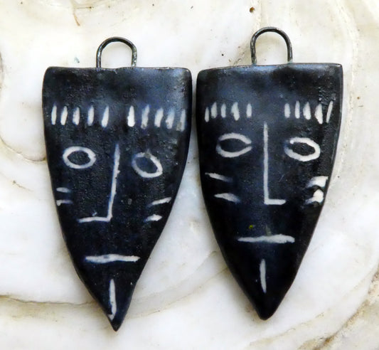 Ceramic Sgraffito Tribal Mask Matte Earring Charms #2