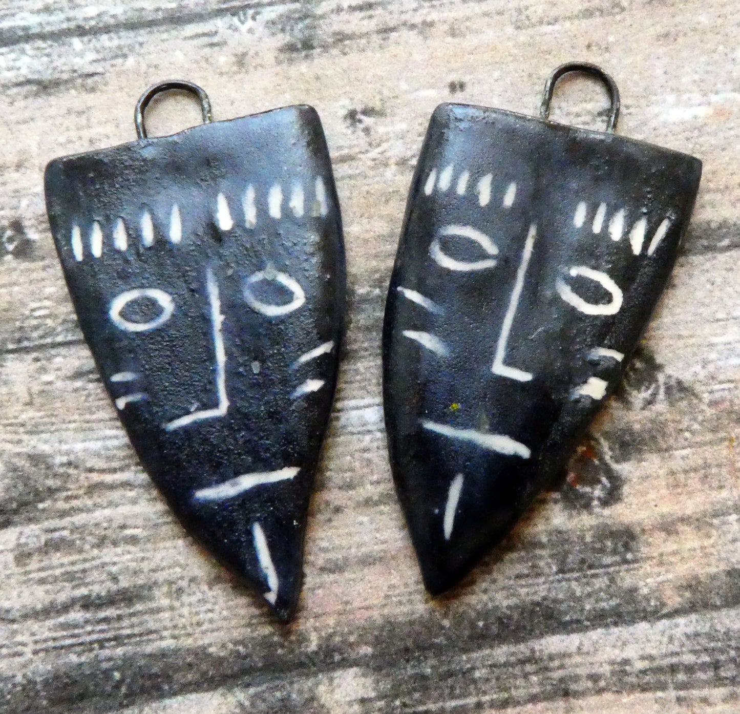 Ceramic Sgraffito Tribal Mask Matte Earring Charms #2