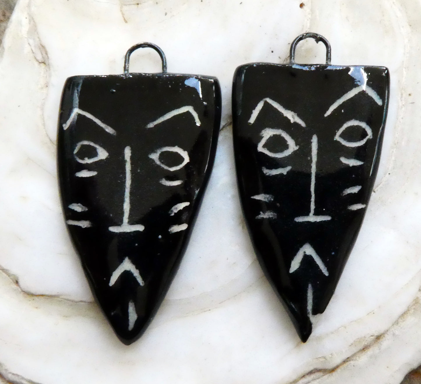 Ceramic Sgraffito Tribal Mask Gloss Earring Charms #1