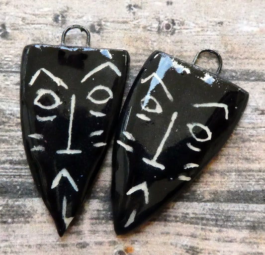 Ceramic Sgraffito Tribal Mask Gloss Earring Charms #1