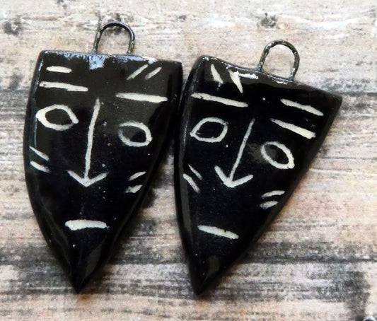 Ceramic Sgraffito Tribal Mask Gloss Earring Charms #2