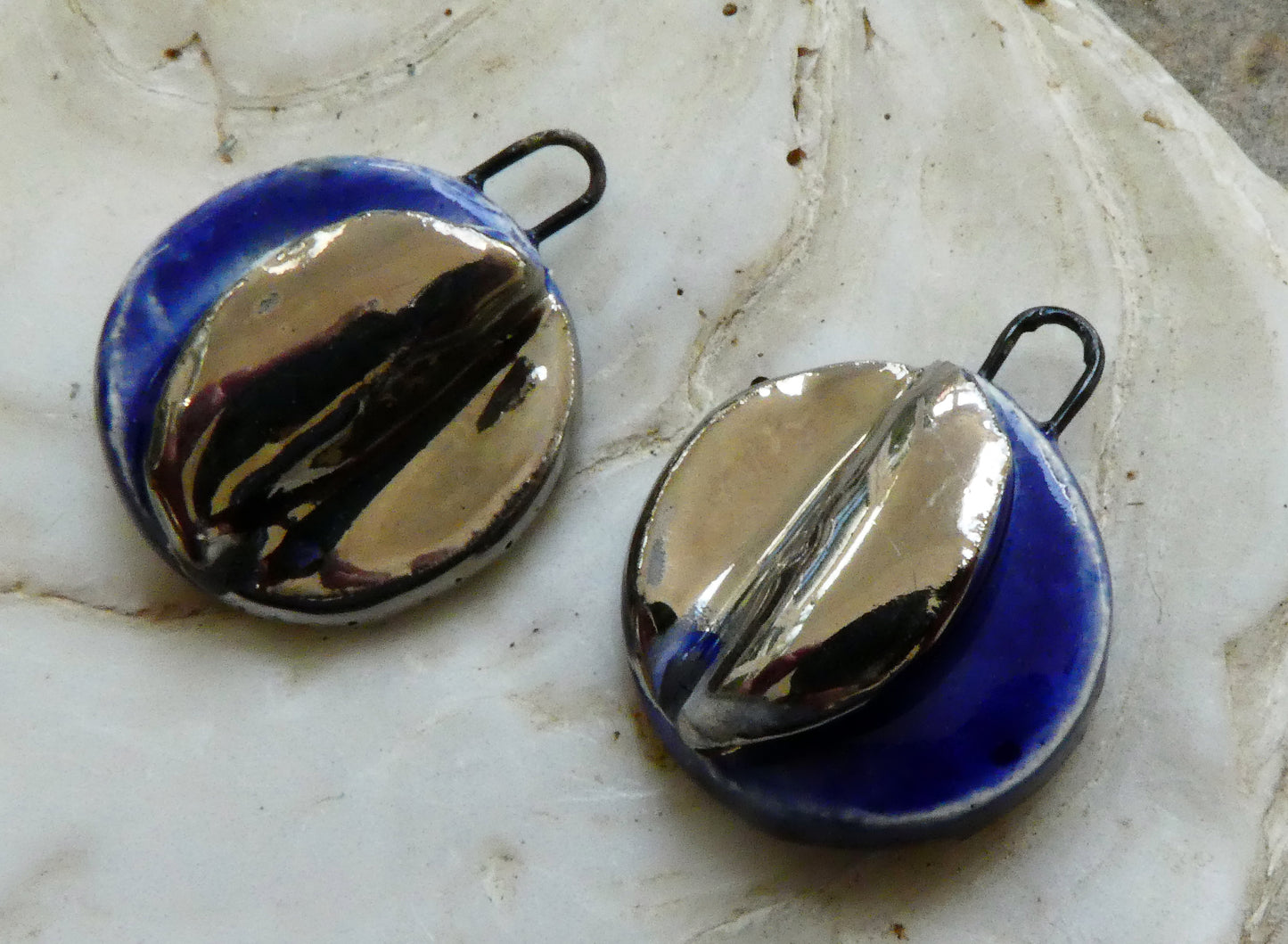 Ceramic Little Folded Disc Lustre Earring Charms - Mirror Blue