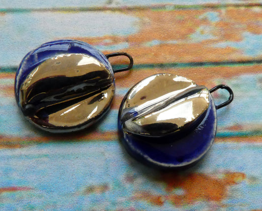 Ceramic Little Folded Disc Lustre Earring Charms - Mirror Blue
