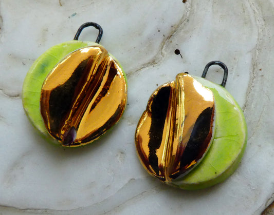 Ceramic Little Folded Disc Lustre Earring Charms - Lime