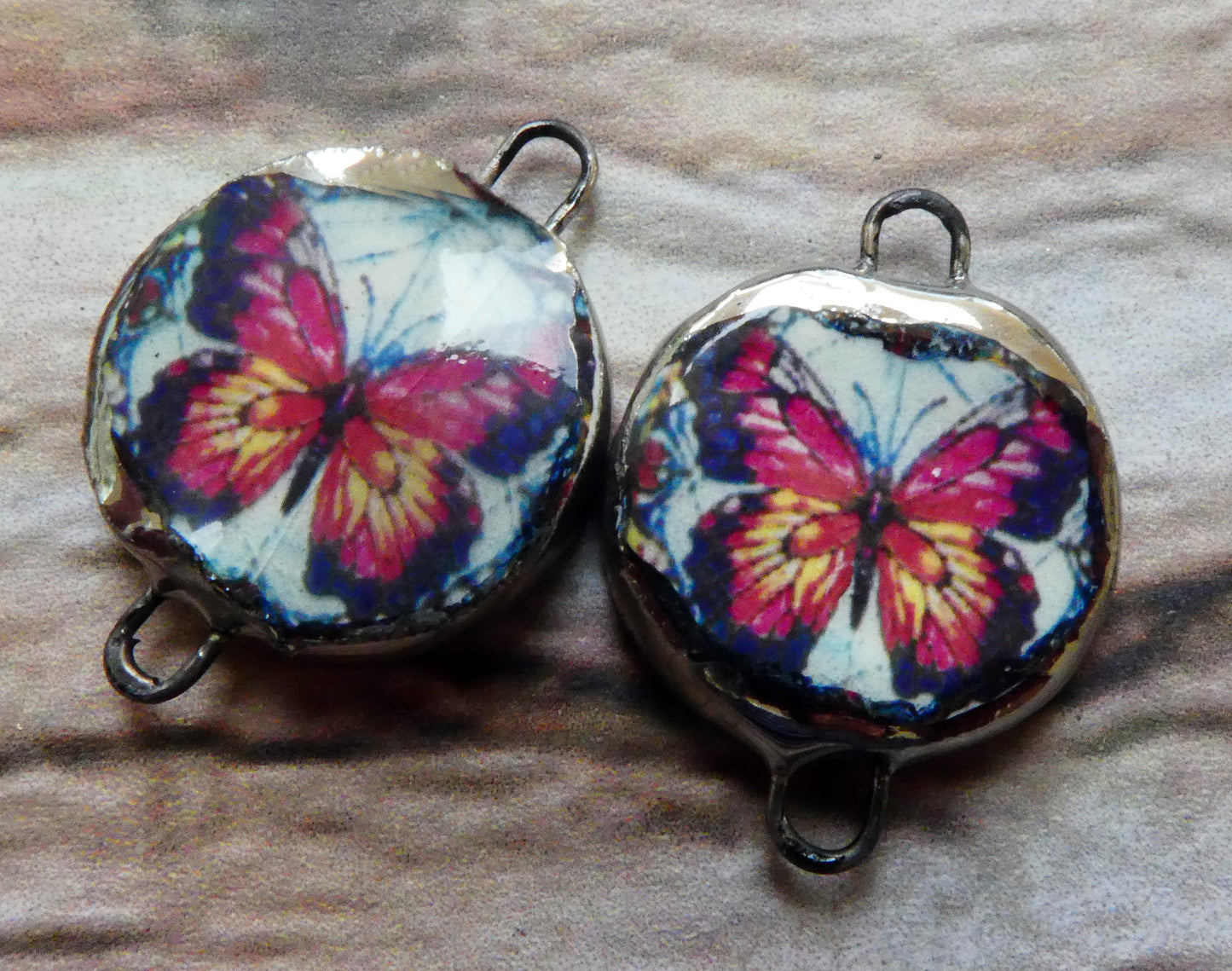 Ceramic Little Disc Stained Glass Butterfly Decal Earring Connectors #2