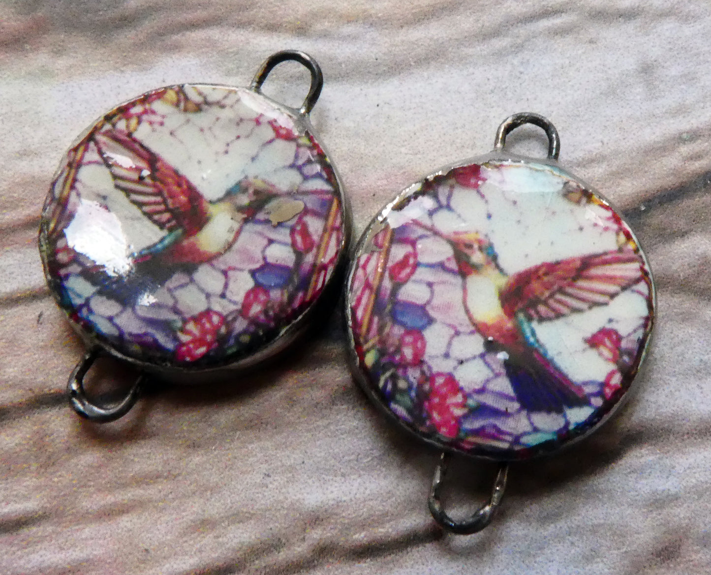 Ceramic Little Disc Stained Glass Hummingbird Decal Earring Connectors #1