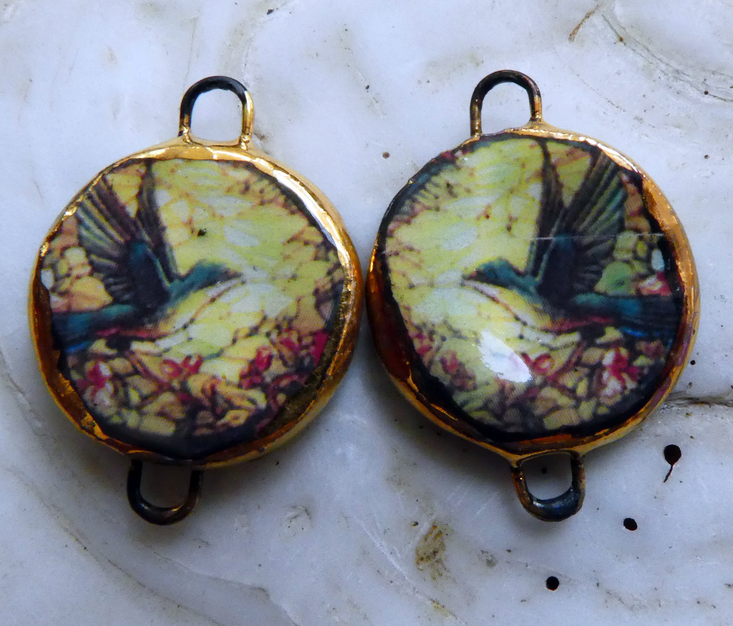 Ceramic Little Disc Stained Glass Hummingbird Decal Earring Connectors #7