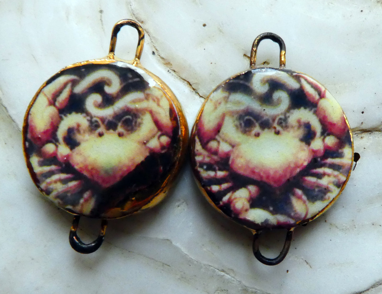 Ceramic Little Disc Zodiac Symbol Decal Earring Connectors-Cancer