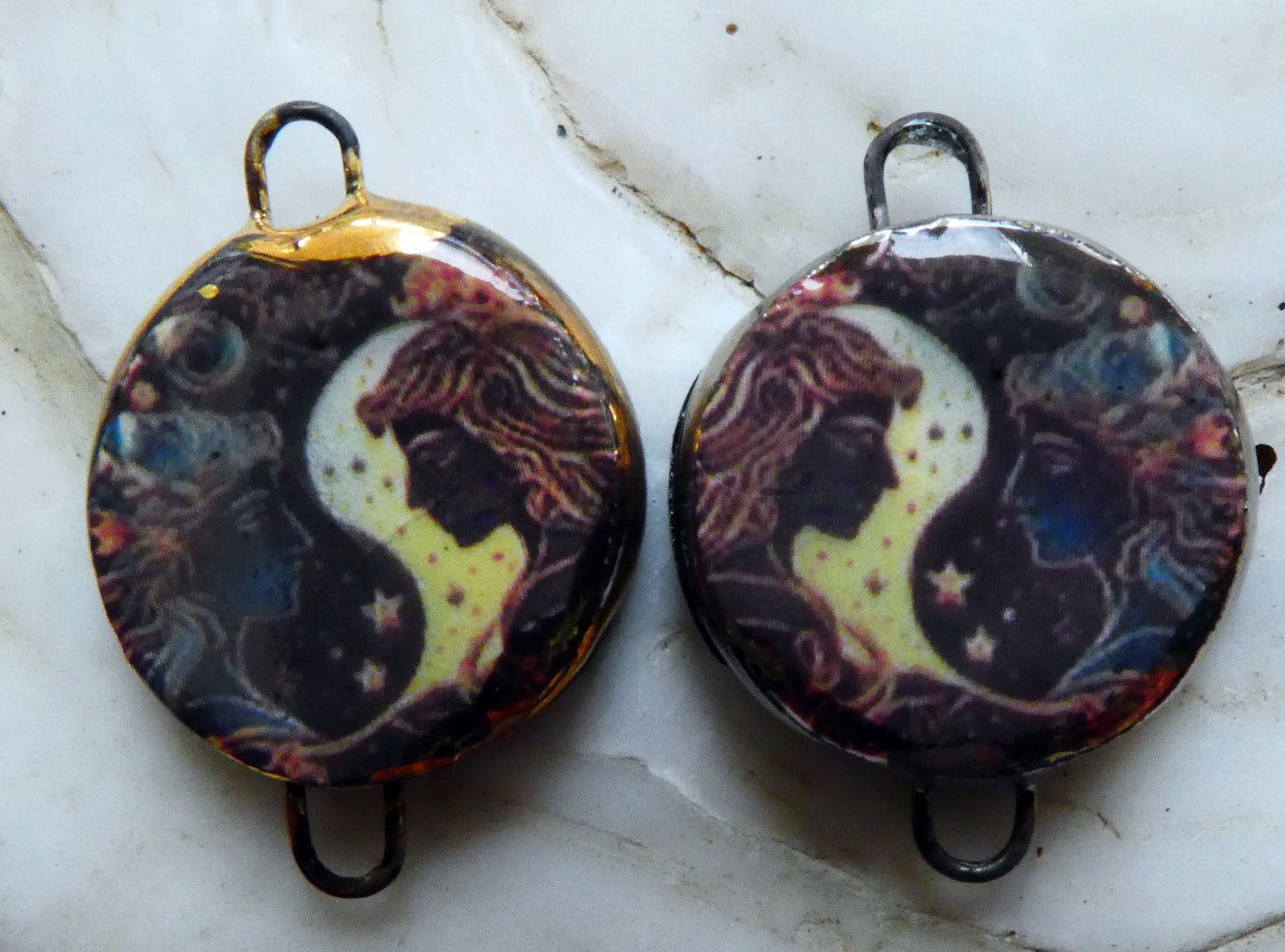 Ceramic Little Disc Zodiac Symbol Decal Earring Connectors-Gemini