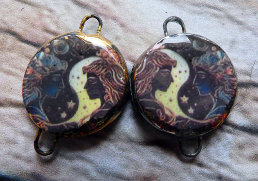 Ceramic Little Disc Zodiac Symbol Decal Earring Connectors-Gemini