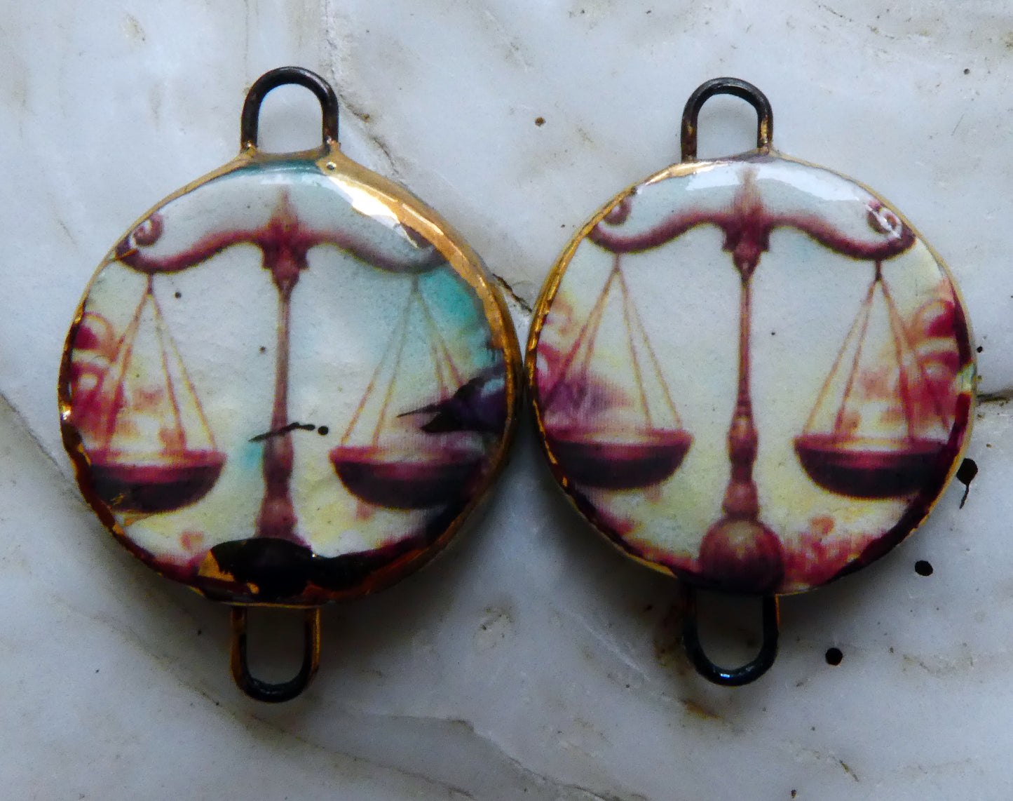 Ceramic Little Disc Zodiac Symbol Decal Earring Connectors-Libra