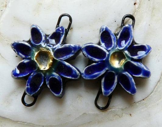 Ceramic Little Flower Earring Connectors -Mirror Blue
