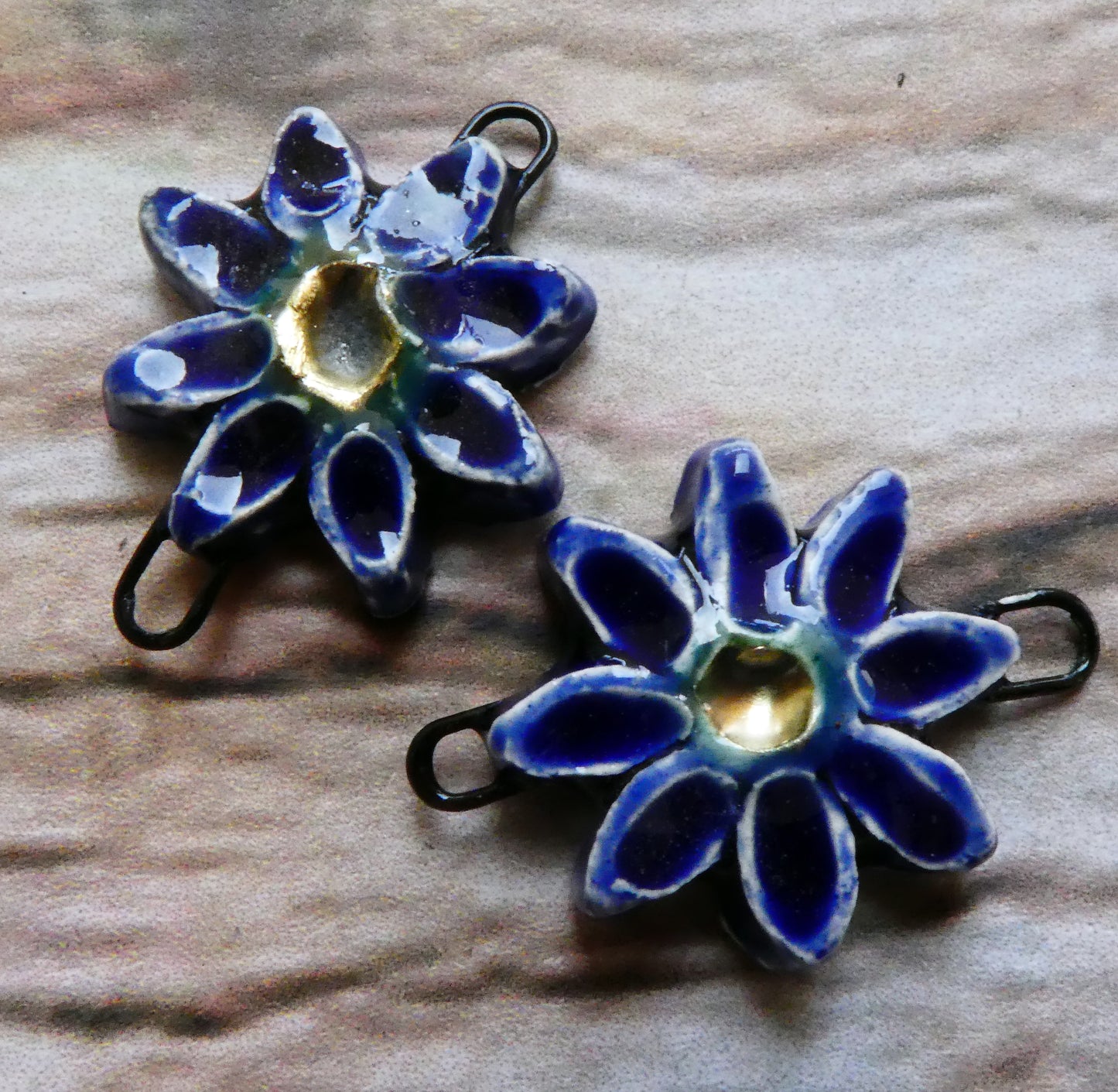 Ceramic Little Flower Earring Connectors -Mirror Blue