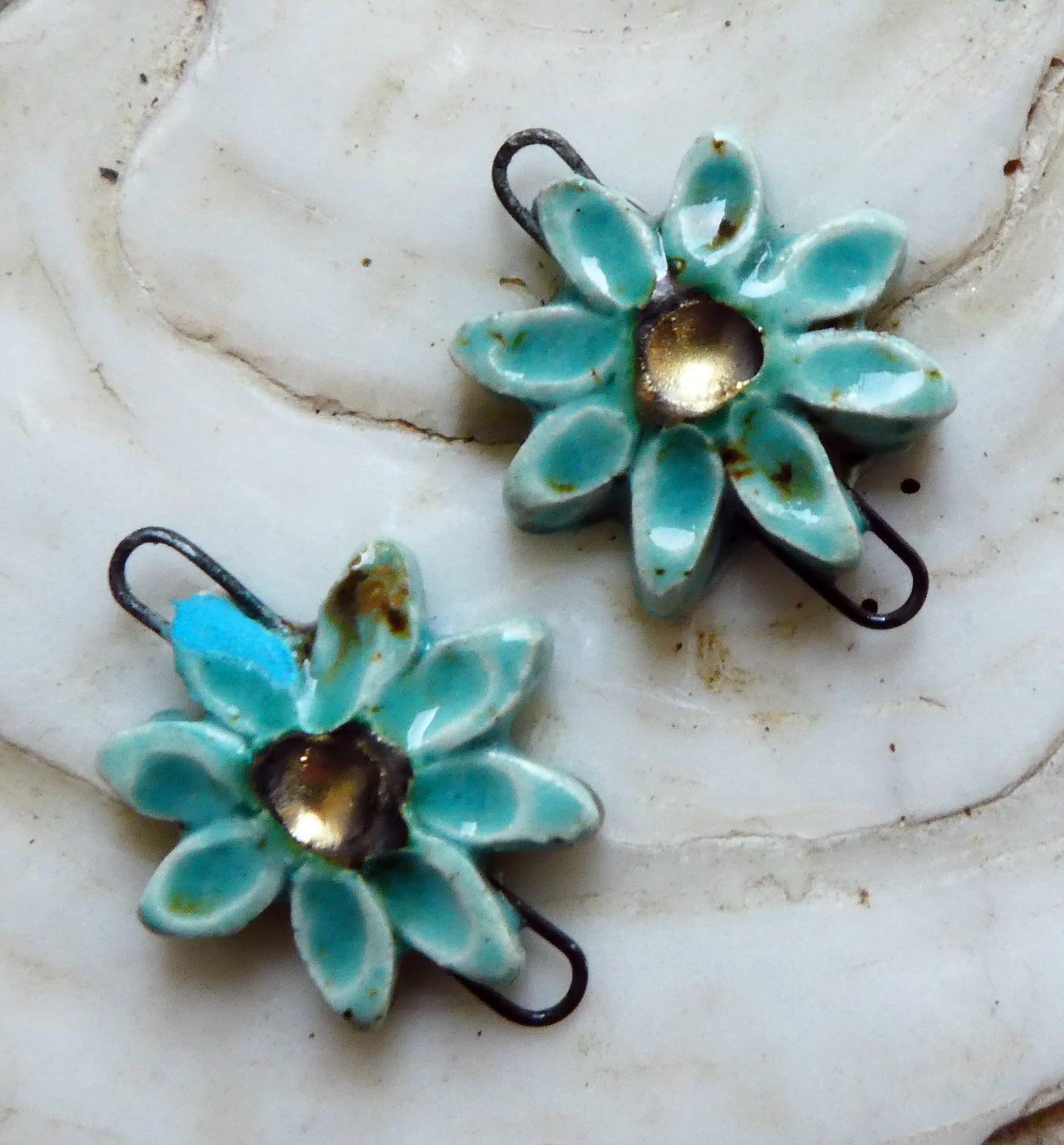 Ceramic Little Flower Earring Connectors -Blue Guppy