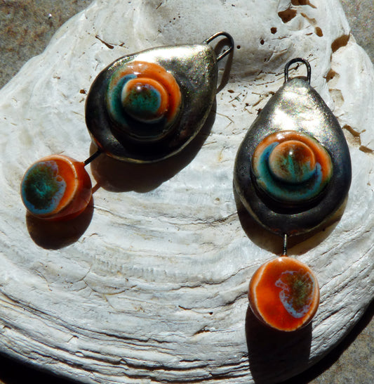 Ceramic Moulded Teardrop Dangles -Vermillion Sunburst