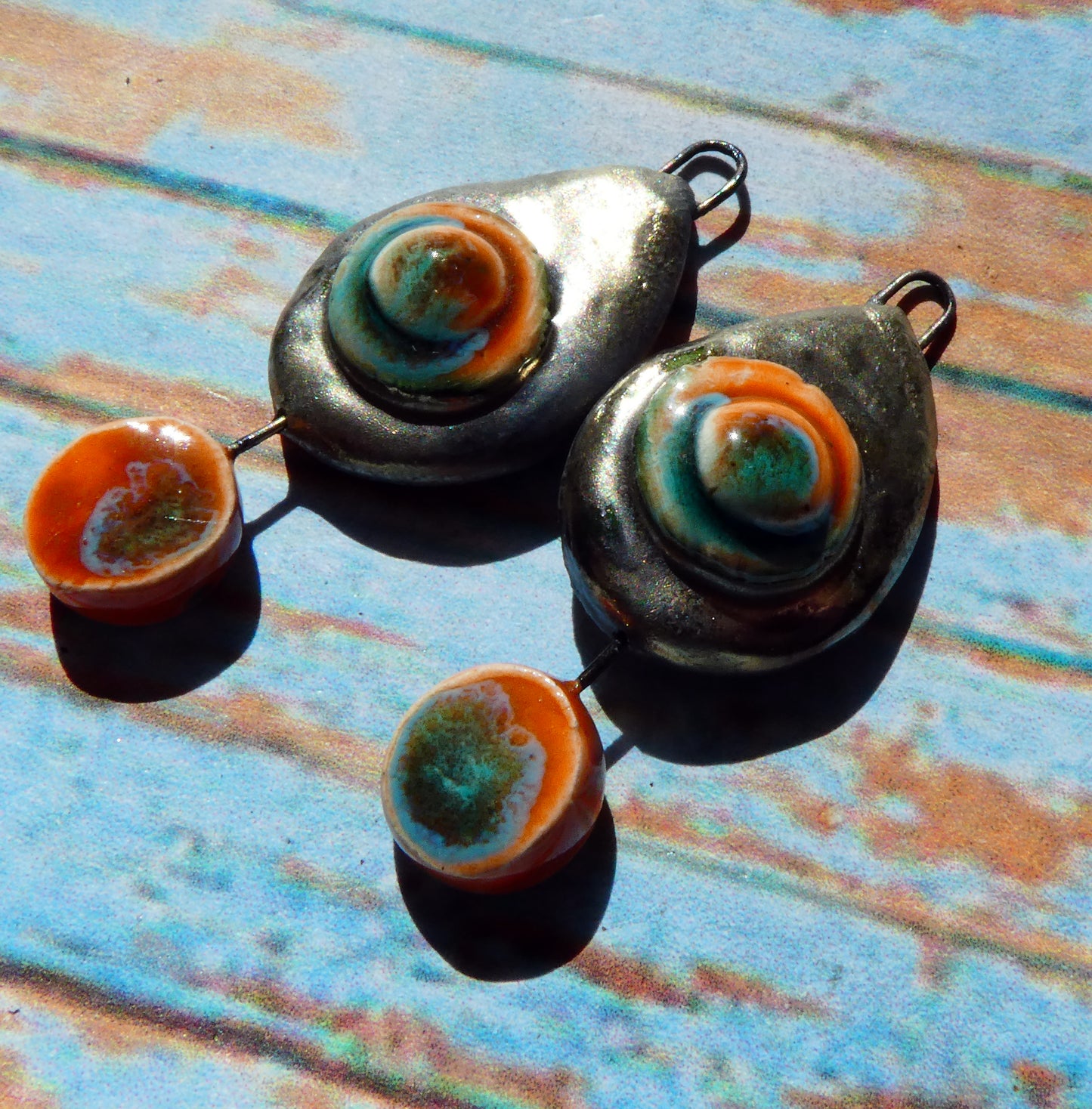 Ceramic Moulded Teardrop Dangles -Vermillion Sunburst