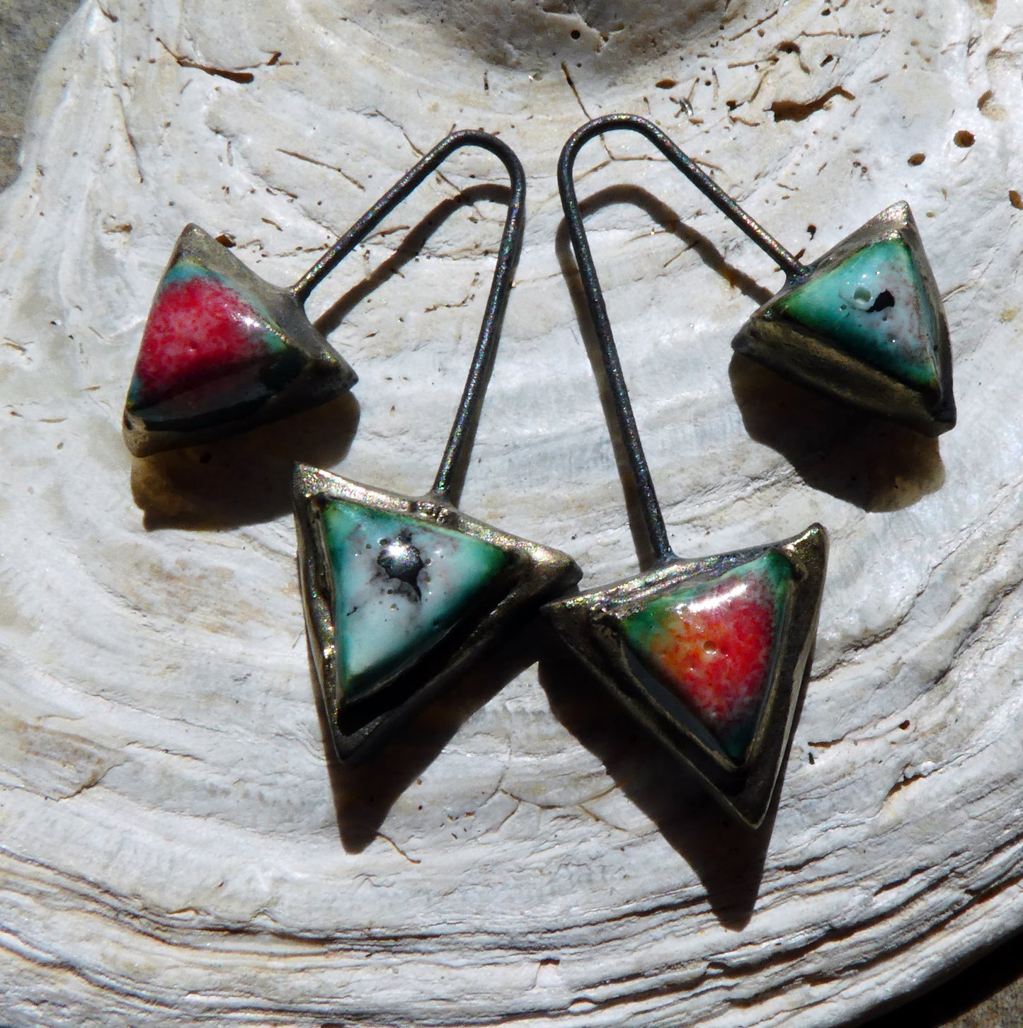 Ceramic Moulded Double Triangle Dangles -Poppy Fields