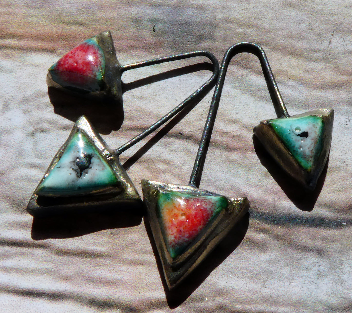 Ceramic Moulded Double Triangle Dangles -Poppy Fields
