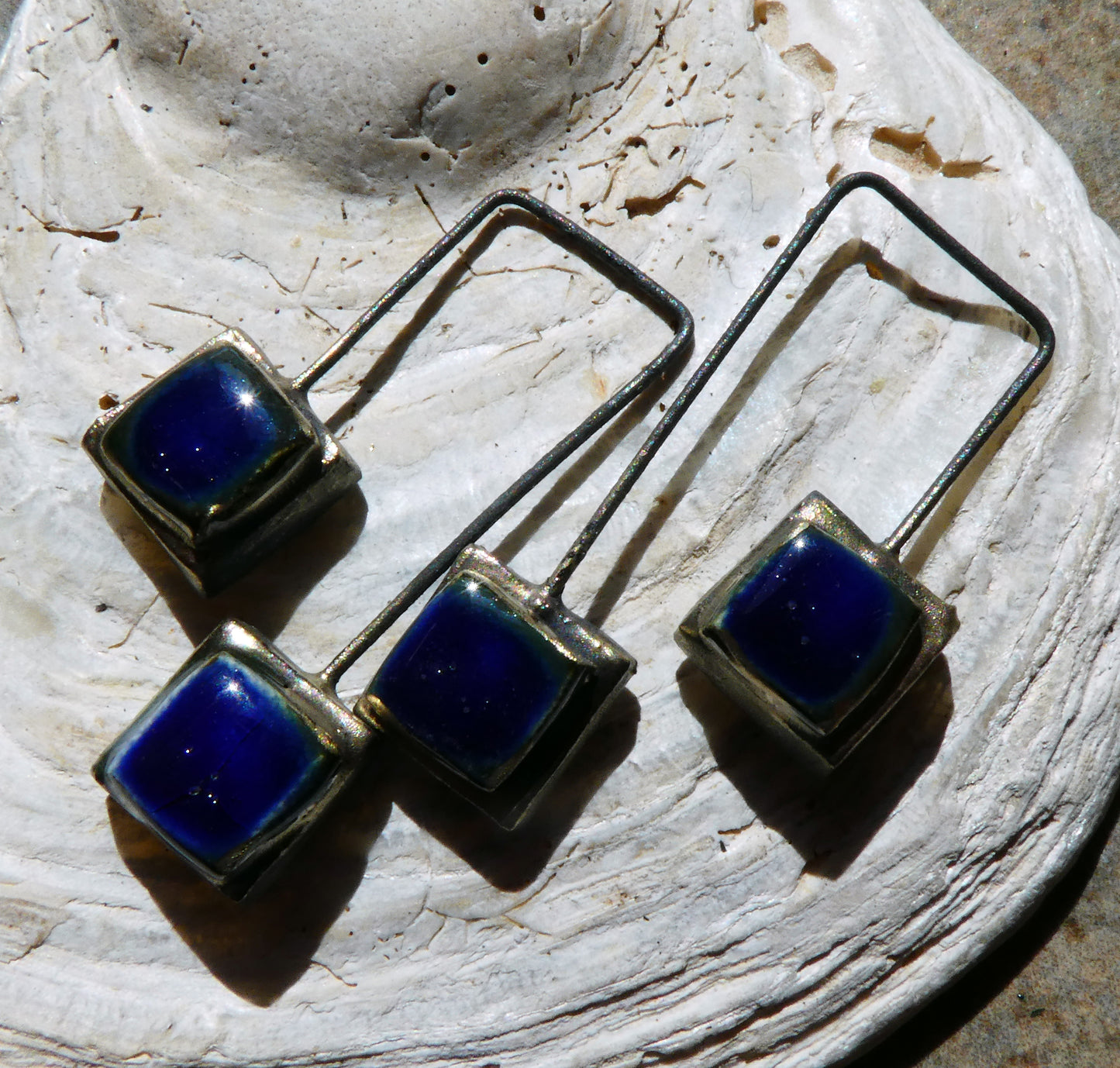 Ceramic Moulded Double Square Dangles - Mirror Blue
