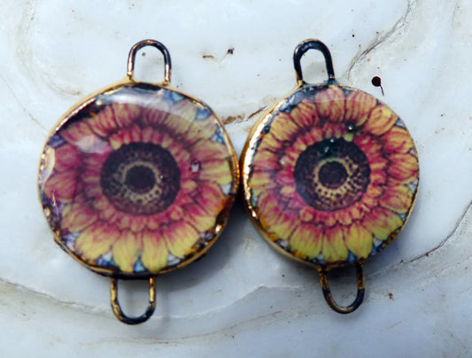 Ceramic Little Disc Stained Glass Sunflower Decal Earring Connectors #1