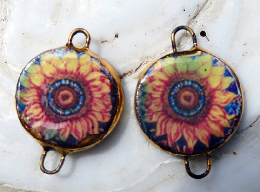Ceramic Little Disc Stained Glass Sunflower Decal Earring Connectors #2