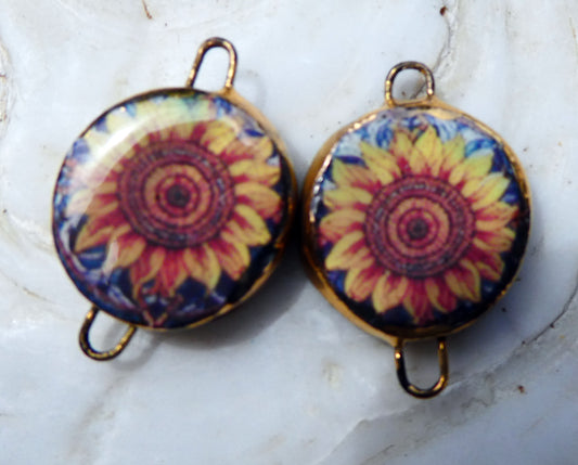 Ceramic Little Disc Stained Glass Sunflower Decal Earring Connectors #3