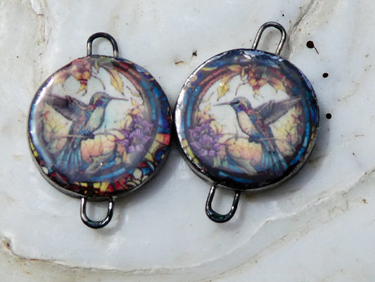 Ceramic Little Disc Stained Glass Hummingbird Decal Earring Connectors #4