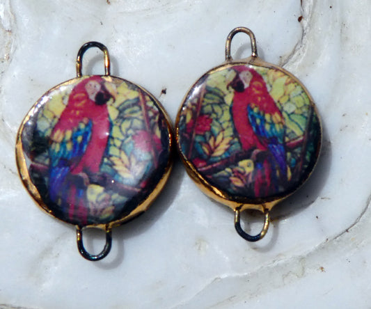 Ceramic Little Disc Stained Glass Parrot Decal Earring Connectors #1
