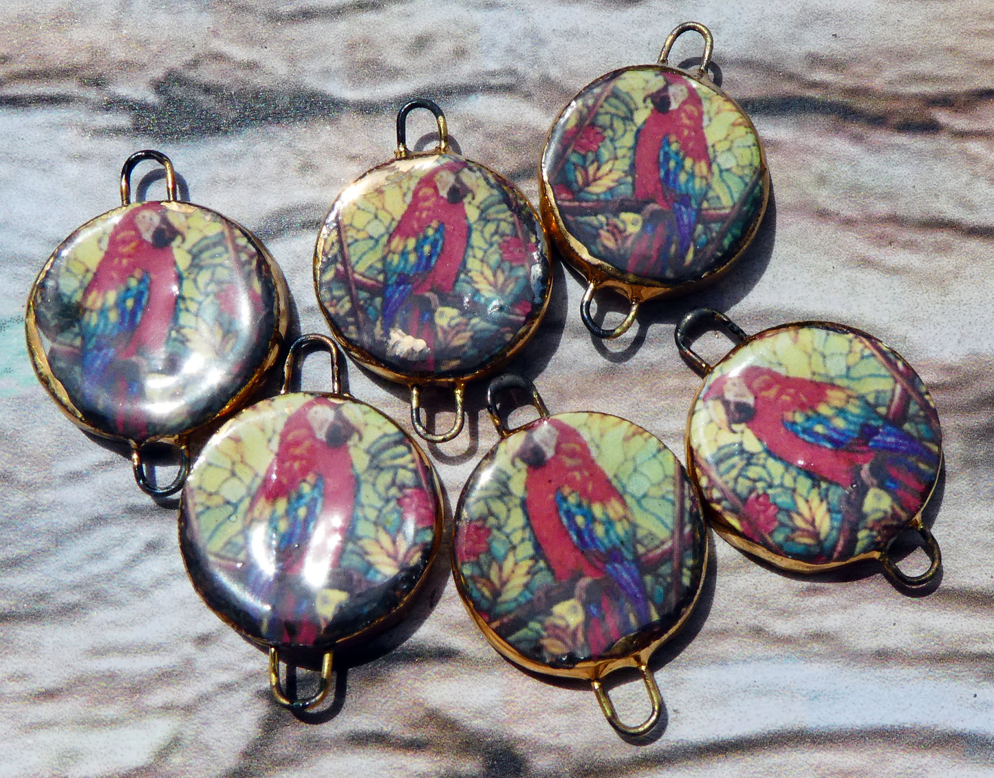 Ceramic Little Disc Stained Glass Parrot Decal Earring Connectors #1