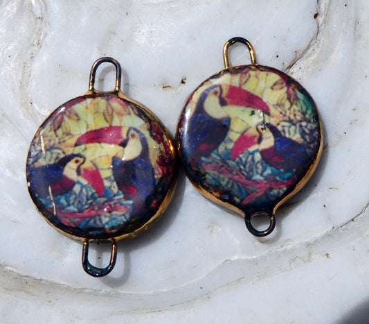 Ceramic Little Disc Stained Glass Toucan Decal Earring Connectors