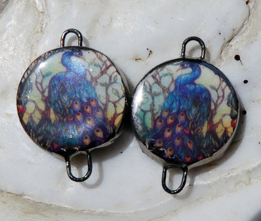 Ceramic Little Disc Stained Glass Peacock Decal Earring Connectors #1