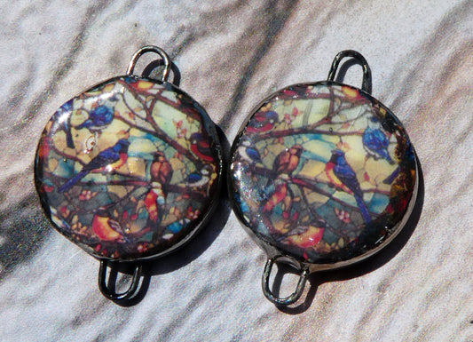 Ceramic Little Disc Stained Glass Bird Decal Earring Connectors #6