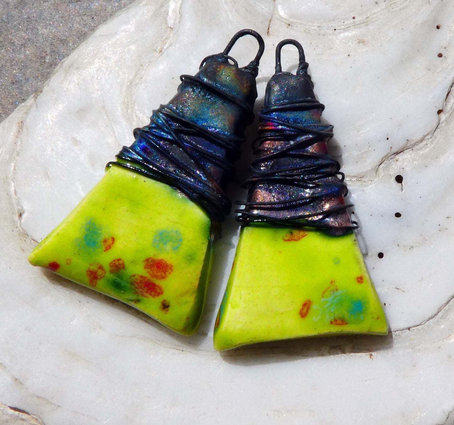 Ceramic Wire Wrapped Wedge Charms -Cherry Limeade