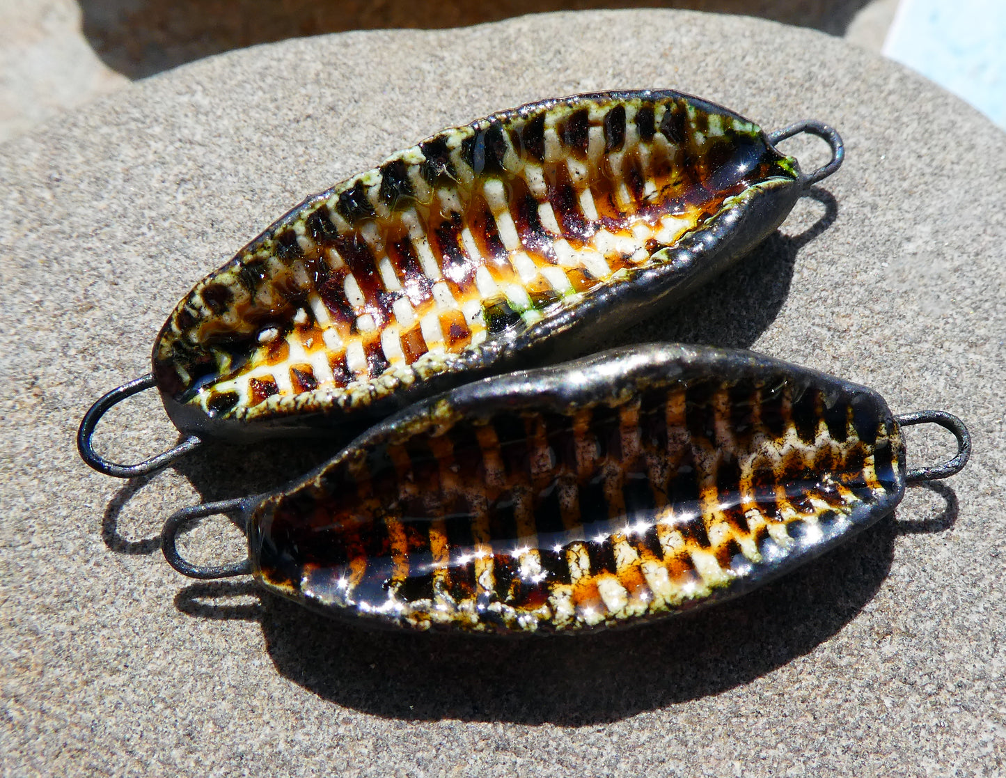 Ceramic Rustic Reed Textured Concave Connectors - Cognac