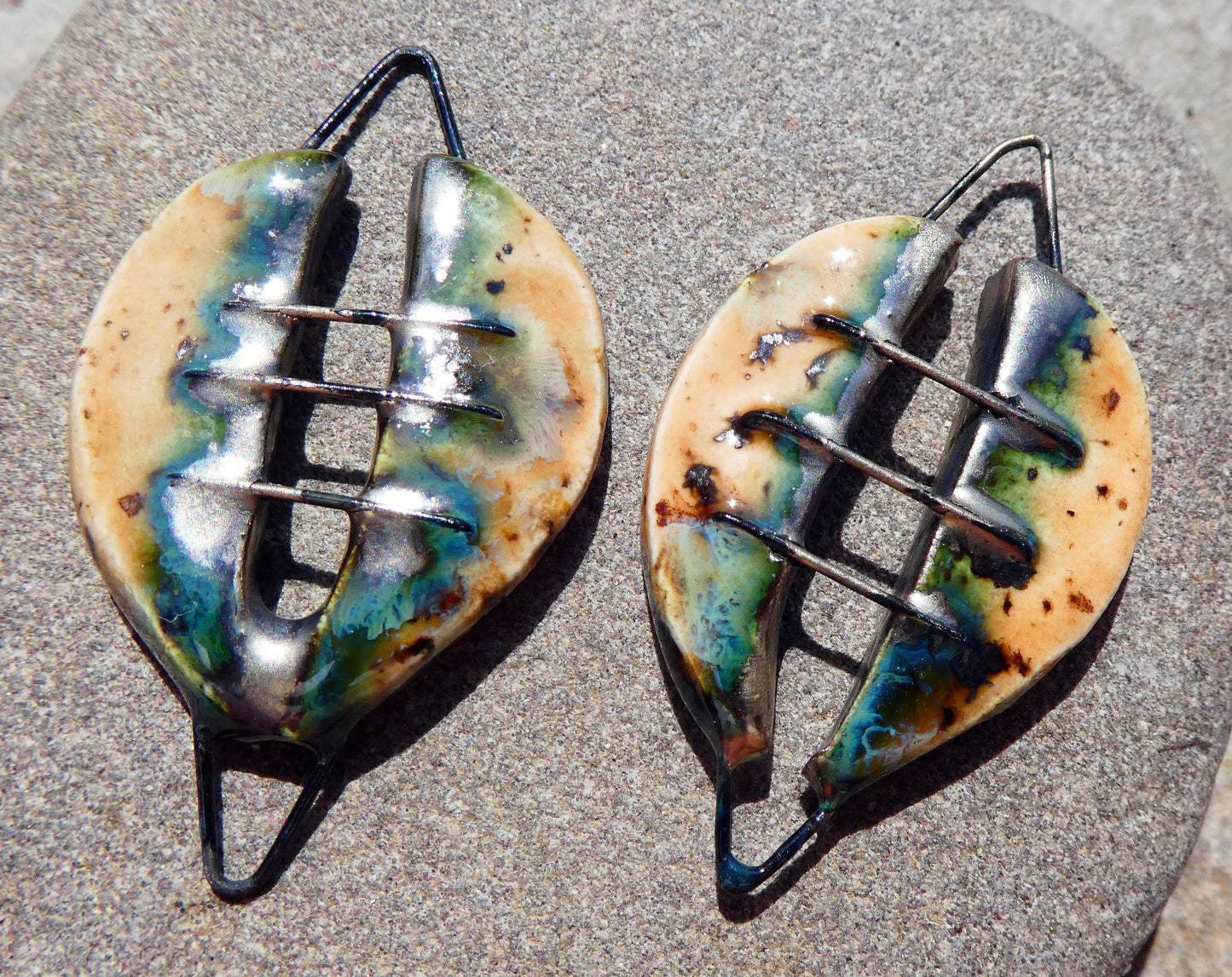 Ceramic Stapled Oval Shield Earring Connectors - Oriental Caramel